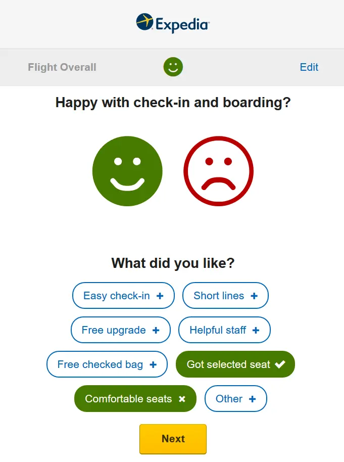 Expedia follow-up one-question survey email