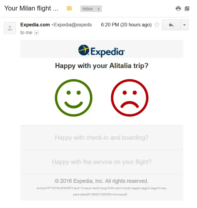 Expedia one-question survey email