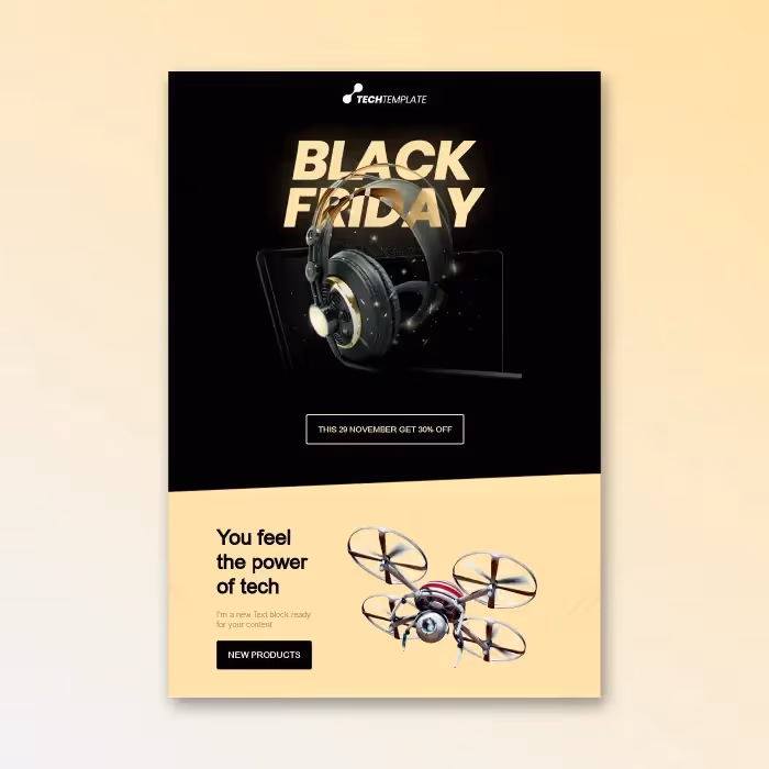 Three Black Friday promo emails for tech, cosmetics, and sports, each showing bold discounts and product visuals.