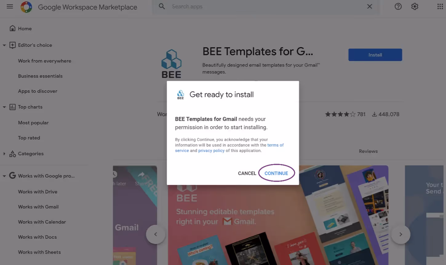 Permission pop-up to install BEE Templates for Gmail