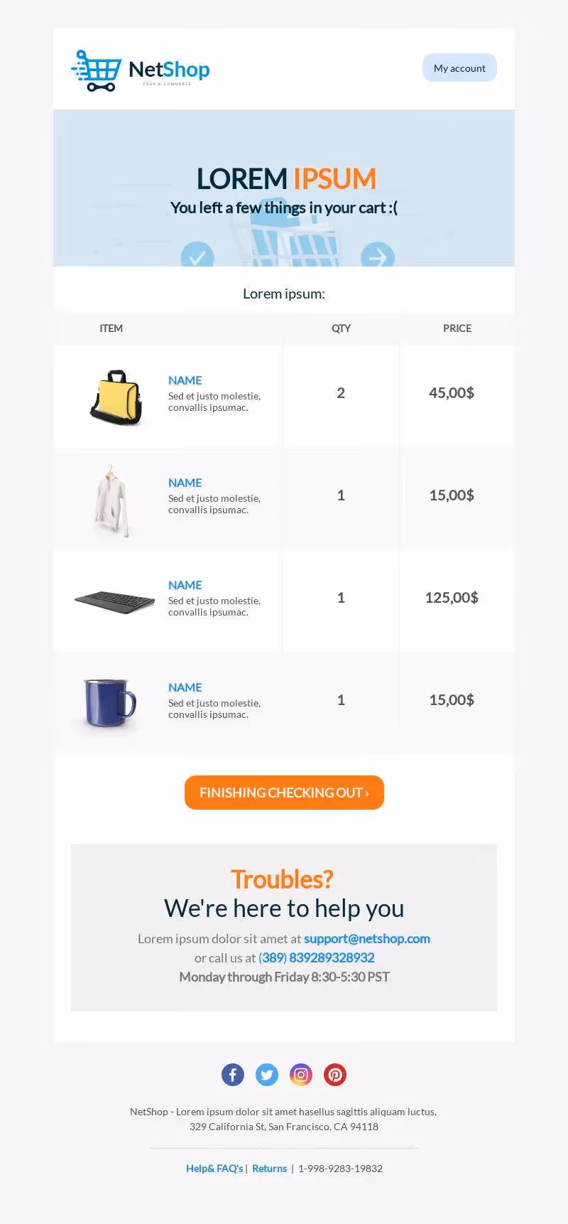 Abandoned cart email showing item list, total price, and a CTA to complete the purchase on NetShop.