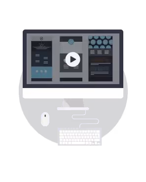 Illustration of a computer screen with a play button, representing a behind-the-scenes video about BEE’s history and features.