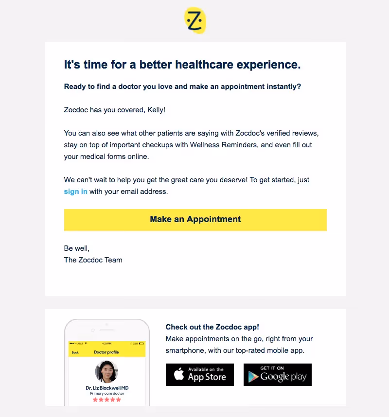 zocdoc welcome email design tips