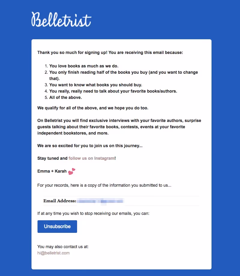 belletrist welcome email design tips