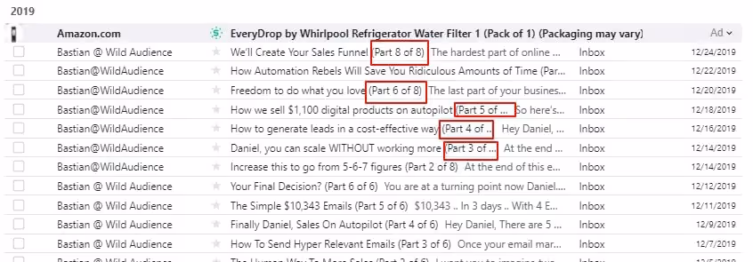 Email inbox showing a multi-part email sequence labeled by parts, used for a structured marketing campaign.