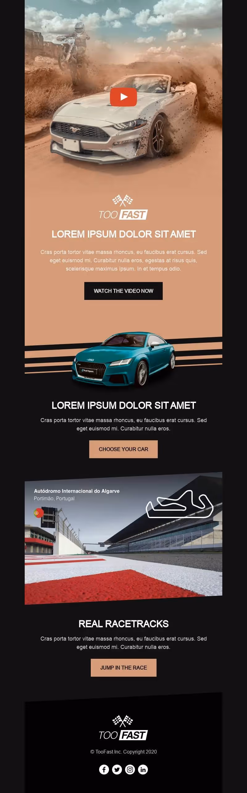 Racing-themed email template with promo video, car selection, and real track experiences to drive user engagement.