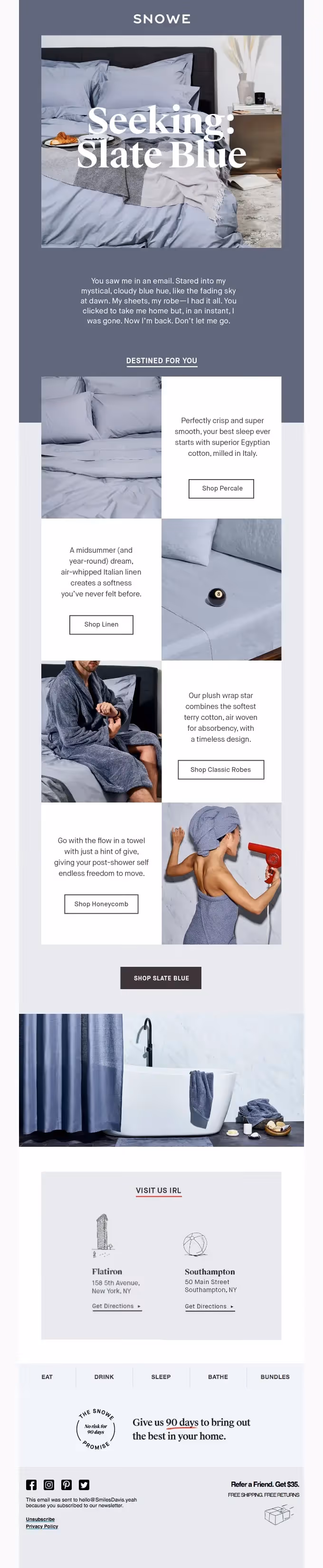 Snowe promo featuring slate blue bedding, robes, towels, and soft Italian linens for a cozy home upgrade.