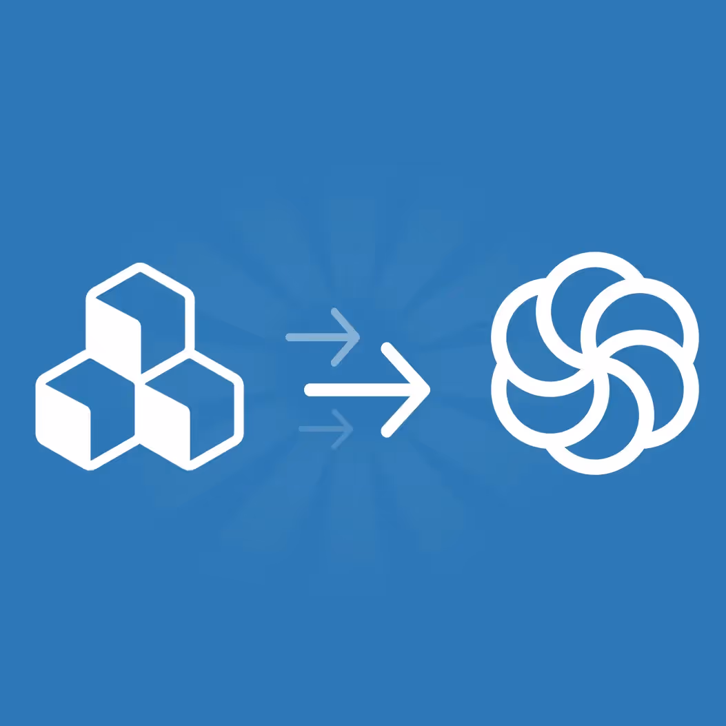 White BEE editor icon (three stacked cubes) on the left, white Sendinblue swirl logo on the right, connected by a forward arrow on a solid blue background to illustrate integration.