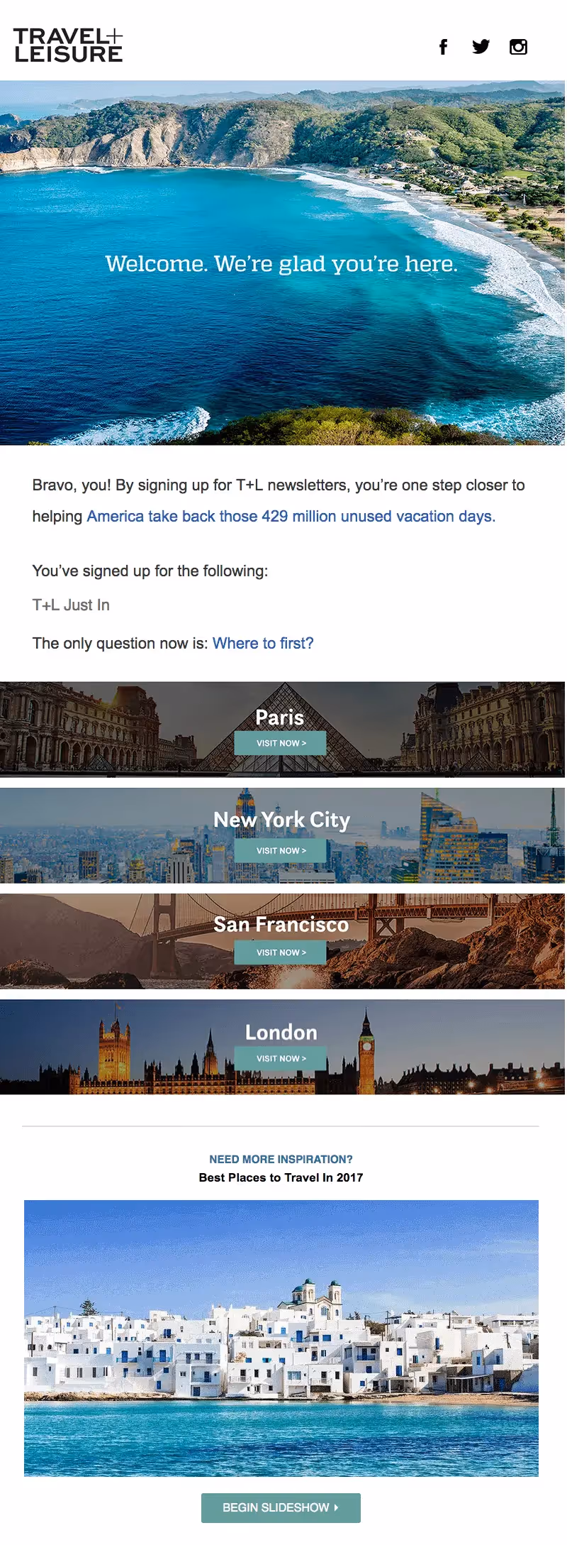 travel + leisure welcome email design tips