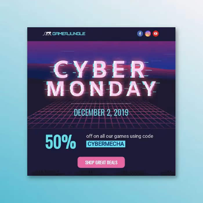 Cyber Monday email promo from Gamer Jungle offering 50% off all games with code CYBERMECHA.