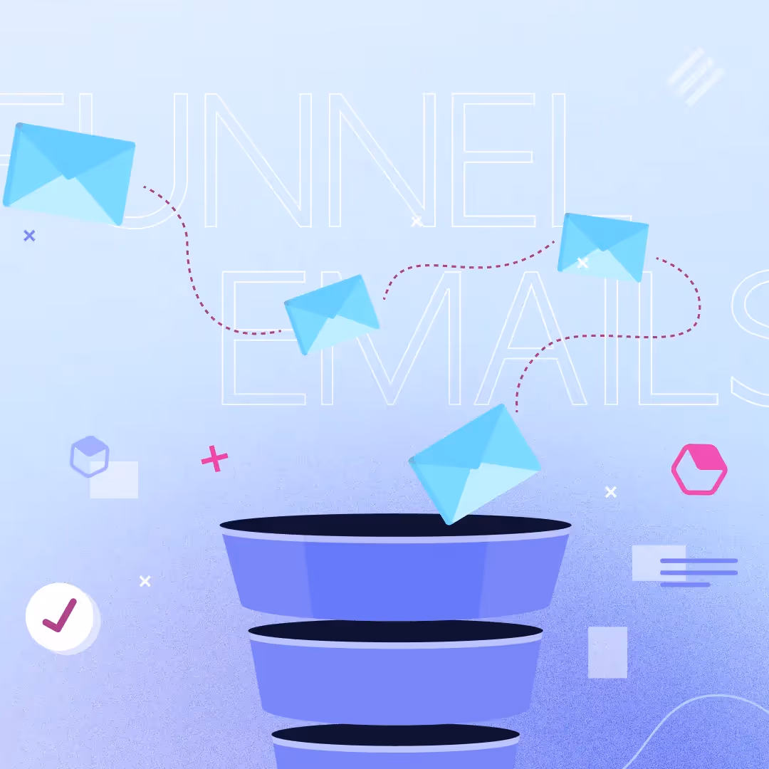 Purple gradient graphic of blue envelopes flying into a funnel beneath white “EMAIL FUNNEL” text, symbolizing an email marketing flow.