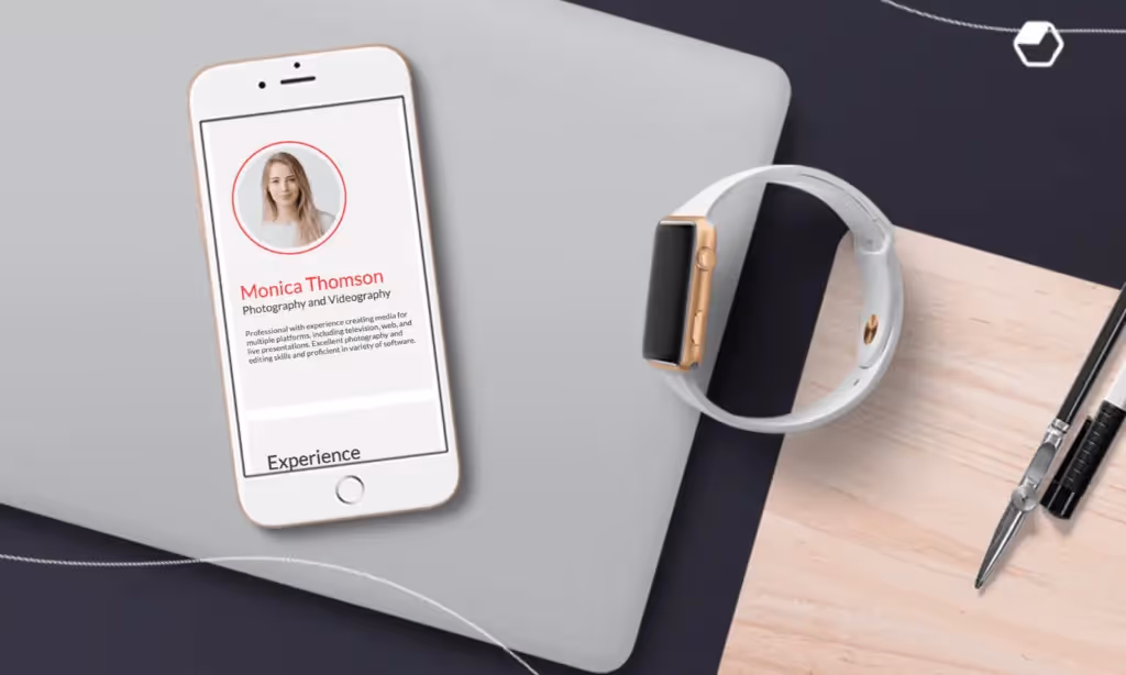 Monica Thomson's mobile resume highlights her skills in photography, videography, and media production.