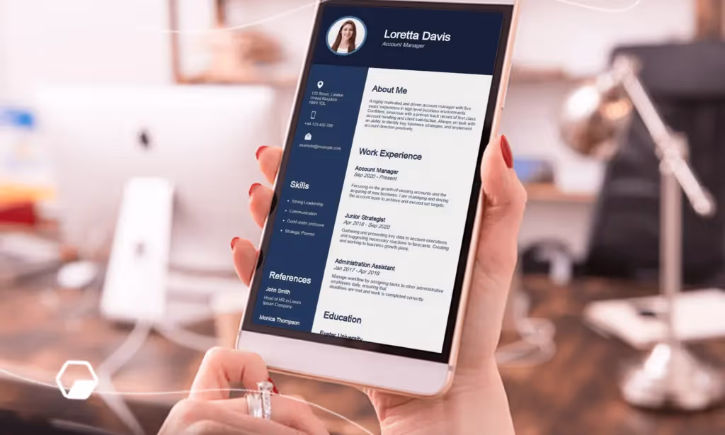 Mobile-friendly résumé for Loretta Davis, Account Manager, with clean layout and key sections visible on a tablet screen.