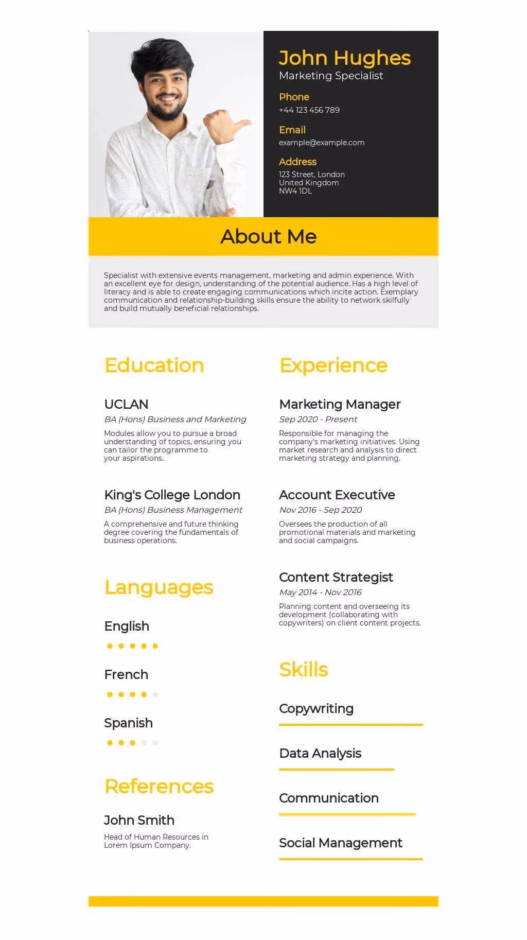 Modern résumé of John Hughes, Marketing Specialist, with clear sections for experience, skills, and contact info.