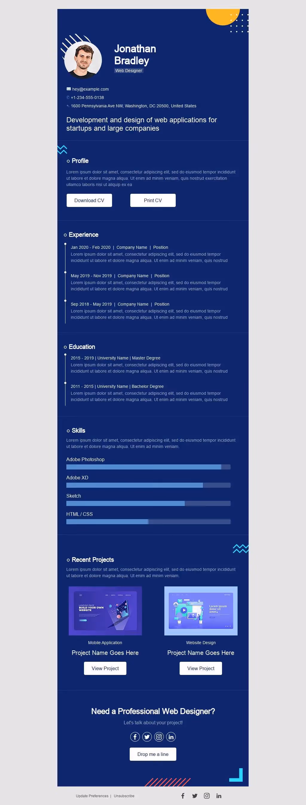 Web designer resume for Jonathan Bradley with experience, education, skills, and project portfolio.