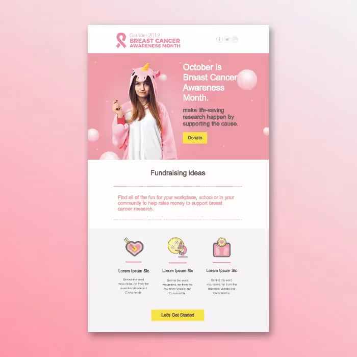 Breast cancer awareness fundraising email template with pink design, donation button, and call to support life-saving research.