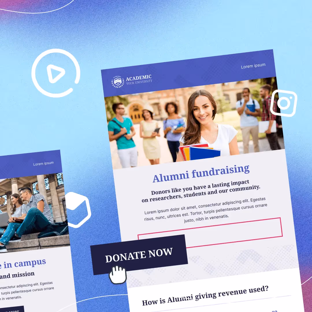 College newsletter design showing alumni fundraising appeal with students on campus; clean layout and school branding.