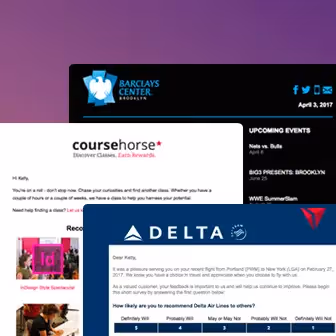 Three follow-up emails: Barclays Center thank-you with schedule; CourseHorse class recommendations; Delta blue survey invite