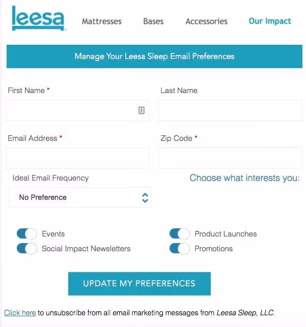 leesa sleep email preferences