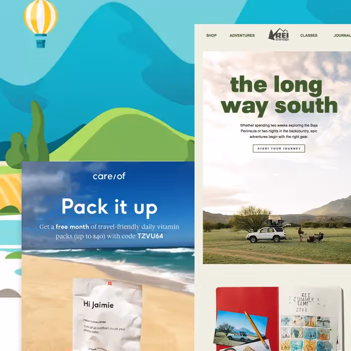 Illustration of a family biking by the sea with travel-themed email templates, representing vacation emails that inspire wanderlust.