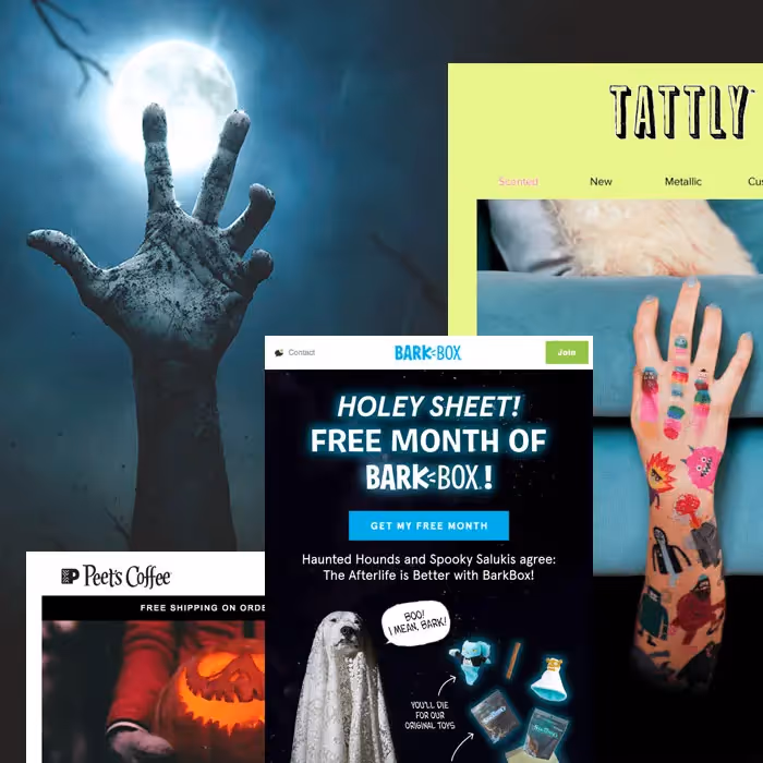 Halloween email designs: spooky hand under moon, Tattly tattooed arm, Peet’s pumpkin ad, BarkBox ghost toy giveaway.