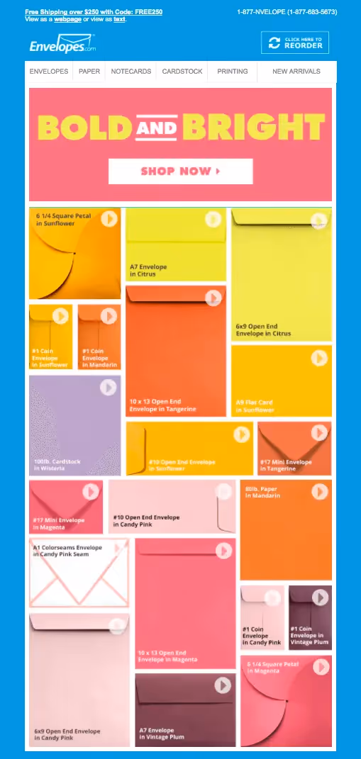 Colorful Envelopes.com promo showcasing bold and bright envelope styles in citrus, sunflower, tangerine, magenta, and candy pink.
