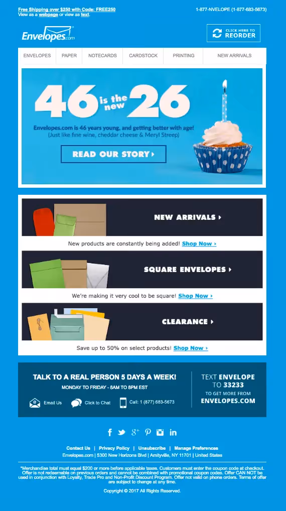 Envelopes.com anniversary email celebrating 46 years with cupcake imagery, new arrivals, square envelopes, and clearance deals.