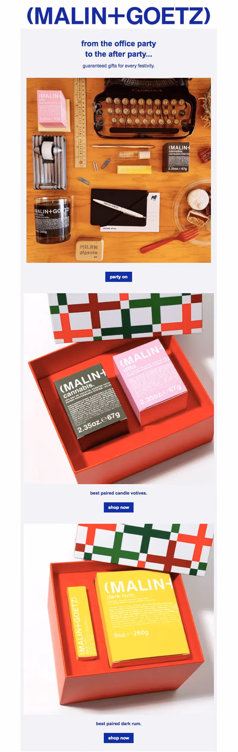 holiday email Malin Goetz