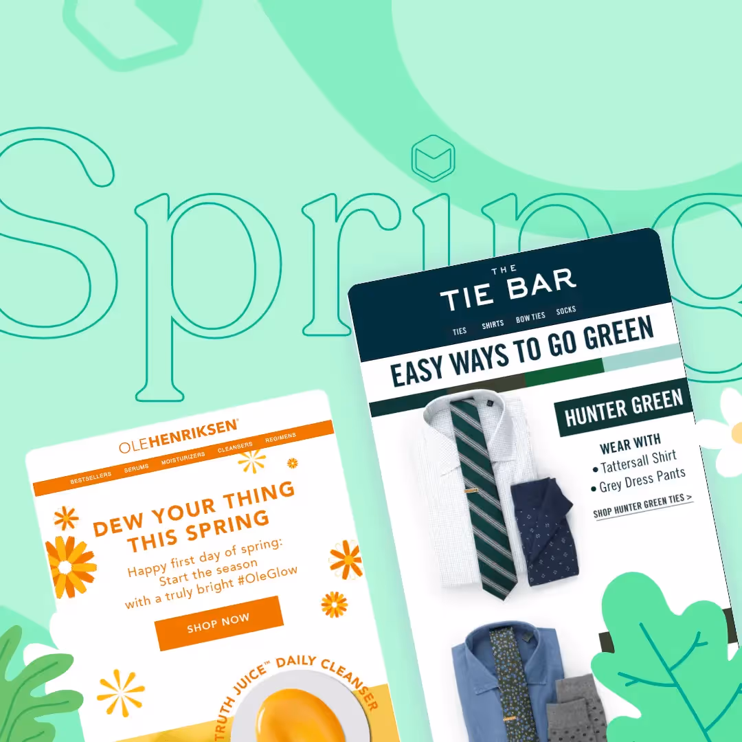 Colorful spring email designs from Ole Henriksen and The Tie Bar with seasonal promotions, bright visuals, and fresh style ideas.