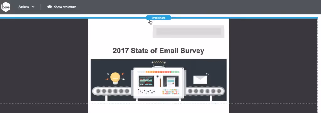 BEE email editor interface showing drag-and-drop section above a 2017 State of Email Survey layout with email machine graphic and dark side margins.
