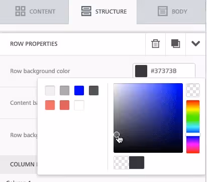 Color picker tool open in the BEE email editor under the “Structure” tab, showing custom row background color selection.
