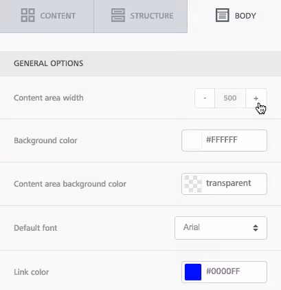 BEE email editor “Body” tab showing general options like content width, background color, font selection, and link color settings.
