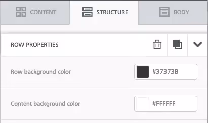 BEE editor “Structure” tab showing row properties with row background color set to dark gray (#37373B) and content background color set to white (#FFFFFF).