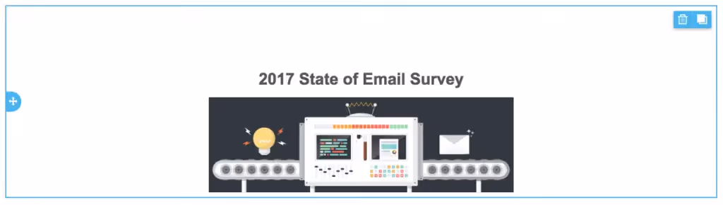 Email design builder view showing the 2017 State of Email Survey header with an illustrated email automation machine graphic.