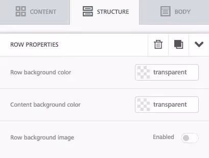 Screenshot of the BEE email editor’s “Structure” tab showing row properties, including background color settings and image toggle.