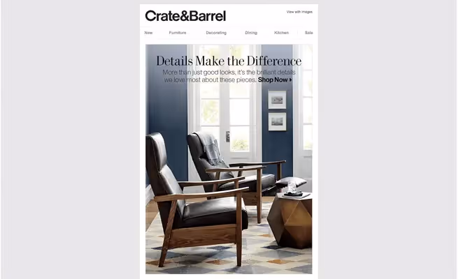 Crate & Barrel email showcasing a modern living room with wooden armchairs, geometric side table, and a stylish blue accent wall.