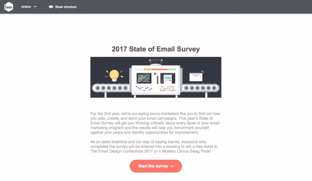 BEE email builder preview of the 2017 State of Email Survey campaign with email production line graphic and red call-to-action button.