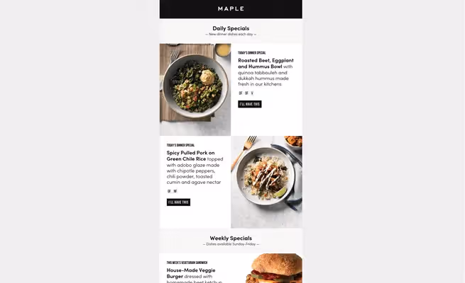 Maple email menu featuring daily specials like roasted beet, eggplant, and hummus bowl, spicy pulled pork on green chile rice, and a veggie burger.