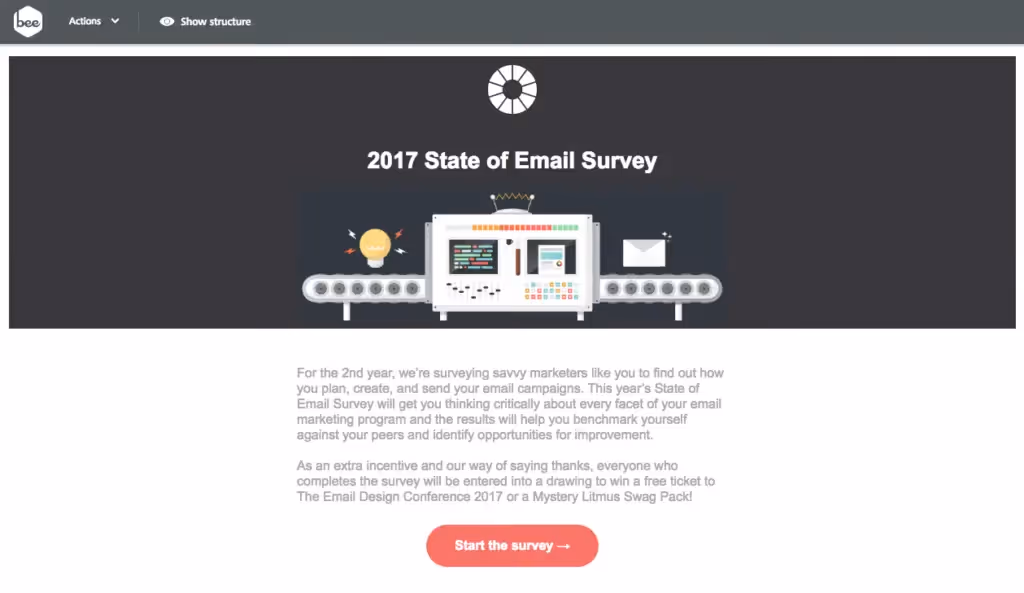 BEE editor preview of the 2017 State of Email Survey email, featuring an email automation machine illustration and red CTA button.