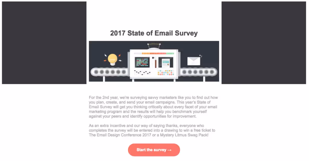 Email design preview for the 2017 State of Email Survey featuring a centered headline, animated email machine graphic, descriptive text, and a red CTA button.