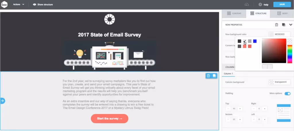 BEE email editor interface displaying the 2017 State of Email Survey design, with row background color picker and layout customization tools.