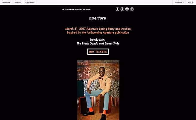 Aperture event promo for the 2017 Spring Party and Auction featuring *Dandy Lion: The Black Dandy and Street Style* with stylish seated man.