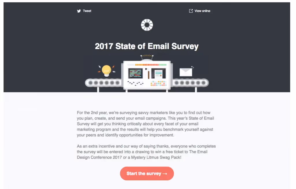 Litmus email promoting the 2017 State of Email Survey with illustrated email factory graphic and a CTA to start the survey.