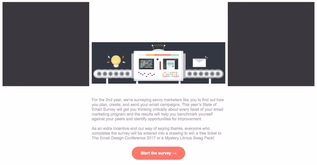 Email design preview featuring the 2017 State of Email Survey with centered automation graphic, light background, and red "Start the survey" button.