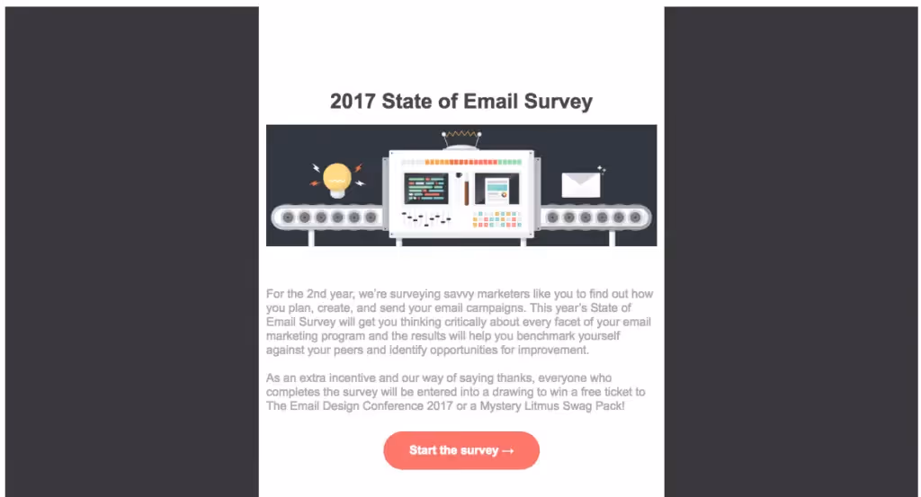 Email campaign design for the 2017 State of Email Survey featuring a central automation graphic, black side borders, and a red "Start the survey" CTA button.