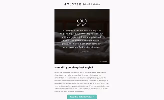 Holstee Mindful Matter email featuring a quote on emotional release over a dark bedroom scene, with tips on improving sleep quality.