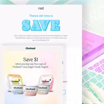 Collage of coupon emails from brands like Chobani, Nest, and BAGGU promoting limited-time savings and product discounts.