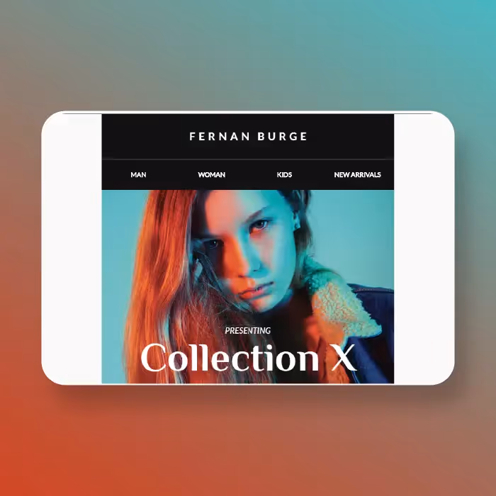 Stylish fashion email design for Fernan Burge's "Collection X," featuring a bold header, navigation bar, and a model in colorful lighting, promoting new arrivals.
