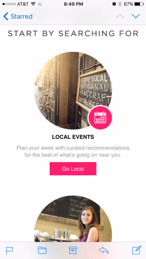 Mobile email section promoting local events with a circular image of a street chalkboard sign and a pink “Go Local” button below.