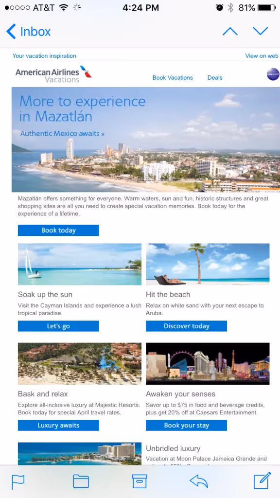 This is the mobile version of the American Airlines Vacations email, promoting destinations like Mazatlán, Aruba, and Jamaica with clear CTAs like “Book today” and “Soak in savings.”